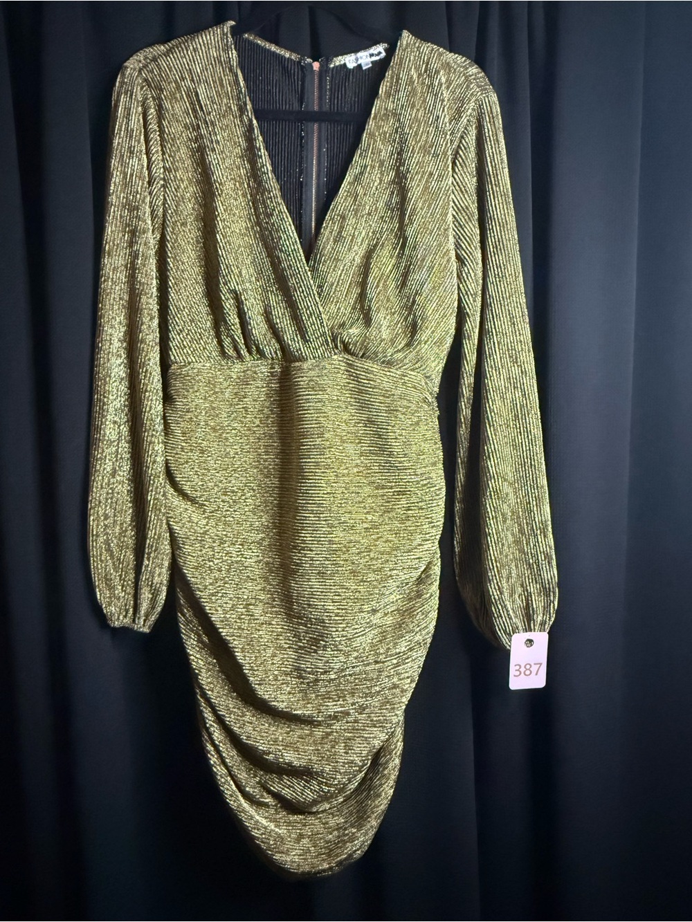 Gold Metallic Long-Sleeve V-Neck Ruched Cocktail Dress